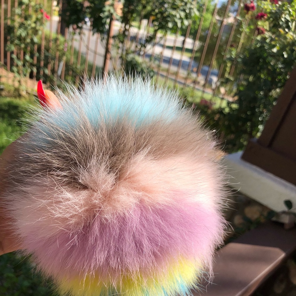 Real Rabbit Fur Pom Pom Keychain Swarovski heart